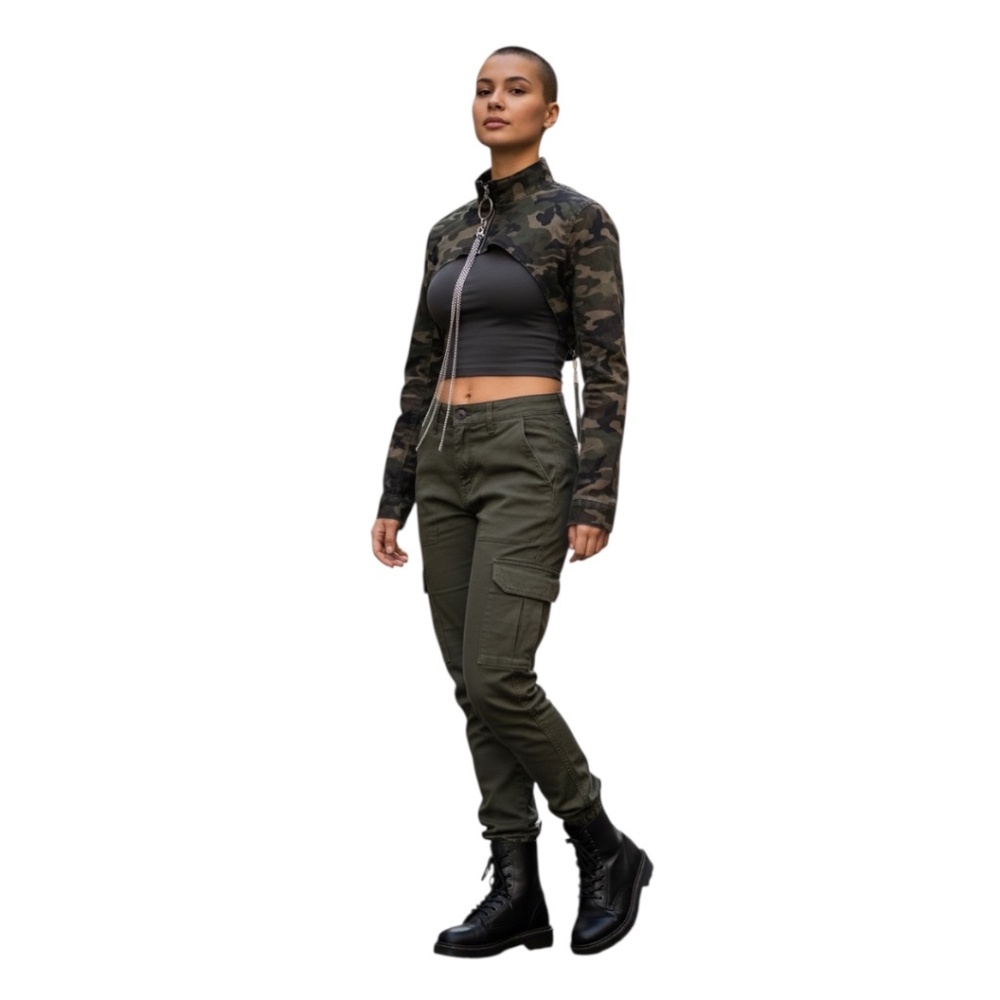 NWT American Bazi Women's Camouflage Chain Crop Jacket With Chain, Size Small